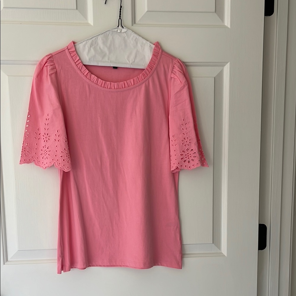 Talbots Pink Relaxed Eyelet Ruffled Tee Excellent Condition